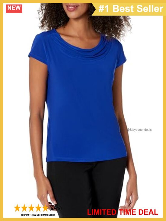 Tops - Cowl Neck Cap Sleeve Matte Jersey Top Pullover Business Casual Blouse